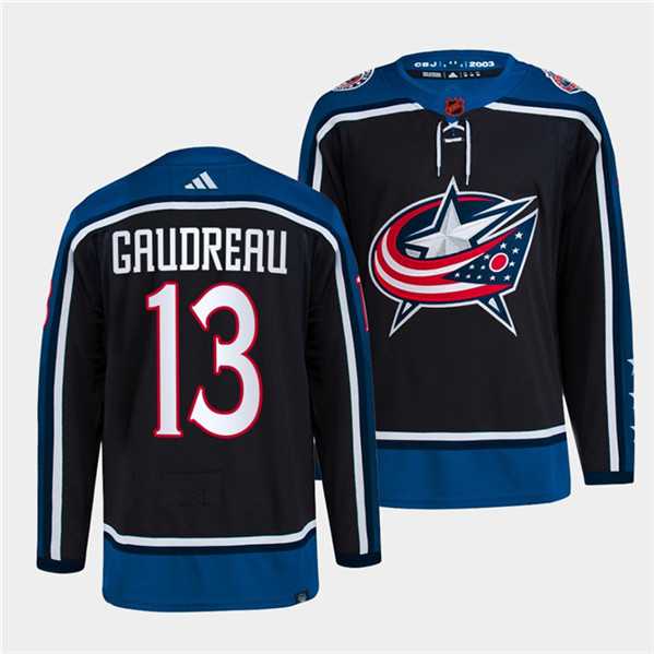 Mens Columbus Blue Jackets #13 Johnny Gaudreau Navy 2022 Reverse Retro Stitched Jersey Dzhi